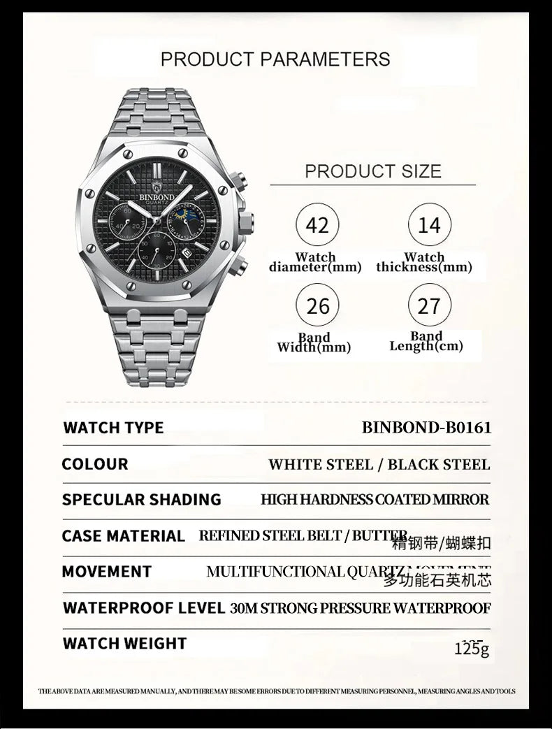 BINBOND Fashion Business Top Luxury Brand Quartz Watch Men Watches Stainless Steel Waterproof Man Wristwatch Relogio Masculino