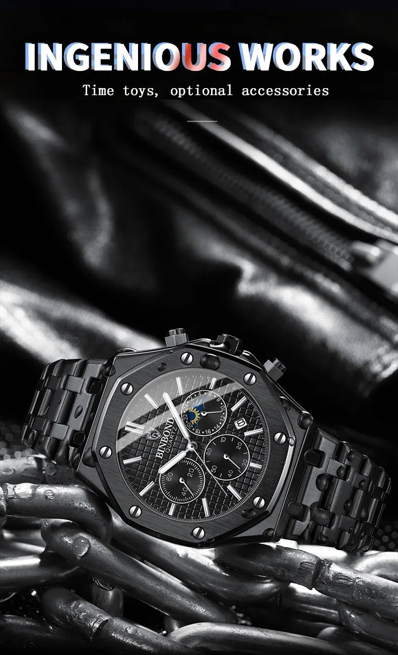 BINBOND Fashion Business Top Luxury Brand Quartz Watch Men Watches Stainless Steel Waterproof Man Wristwatch Relogio Masculino