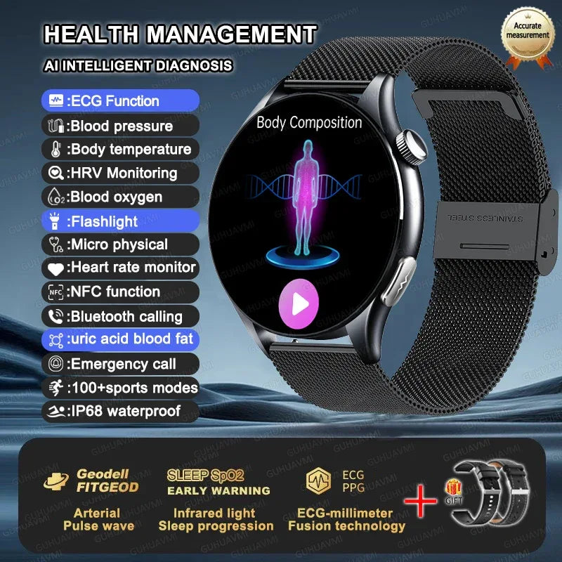 2025 New NFC+ECG+PPG Health Smart Watch BMI Fat Heart Rate Blood Pressure Watch 380mAh BT Call IP68 Waterproof Sports Bracelet - Wear444