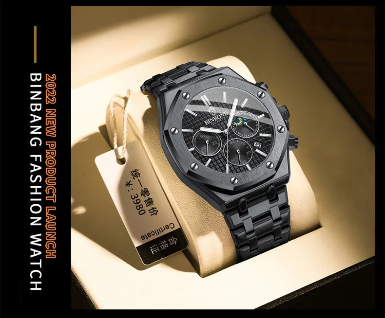 BINBOND Fashion Business Top Luxury Brand Quartz Watch Men Watches Stainless Steel Waterproof Man Wristwatch Relogio Masculino
