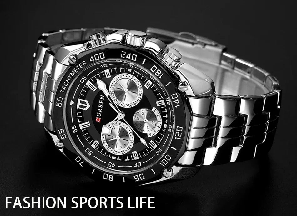 CURREN military watch flat lay dark background — Wear444