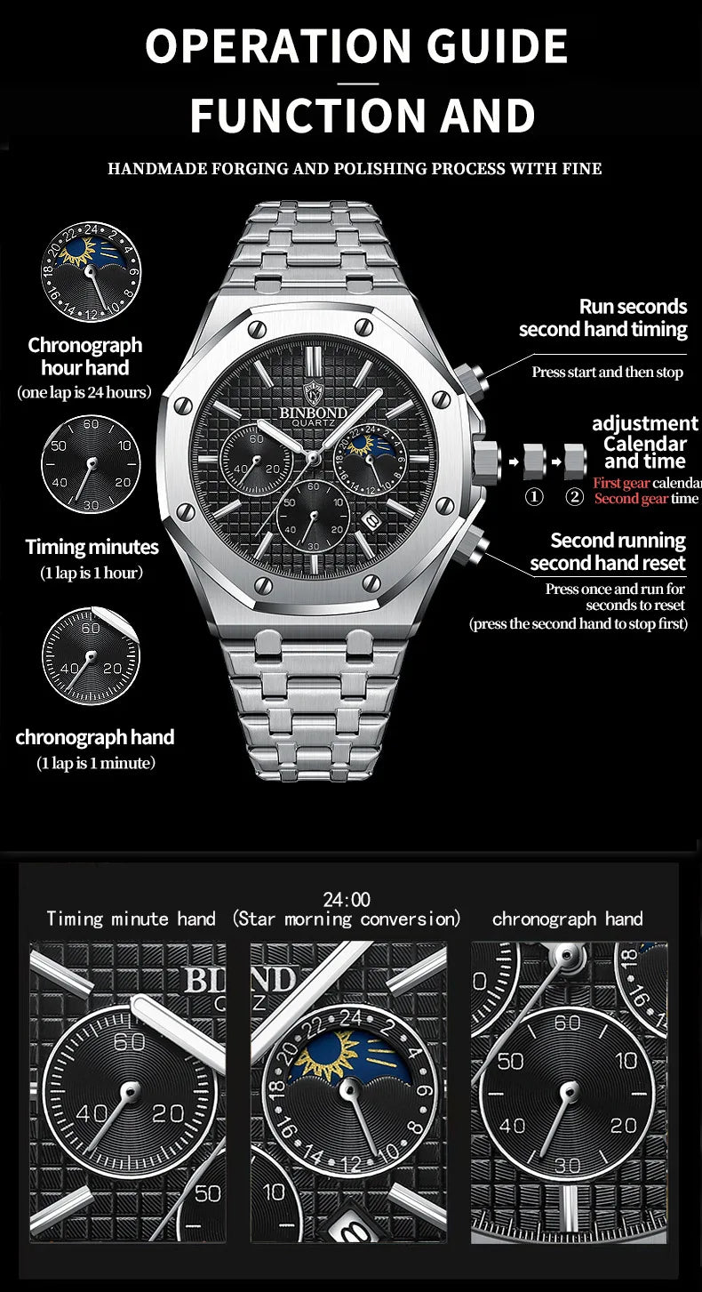 BINBOND Fashion Business Top Luxury Brand Quartz Watch Men Watches Stainless Steel Waterproof Man Wristwatch Relogio Masculino