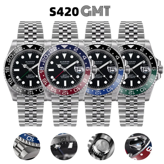 Sugess GMT Diving Watch of Men Automatic Mechanical Waterproof Wristwatches Peacock SL3032 Movement Ceramic Bezel Jubille Band