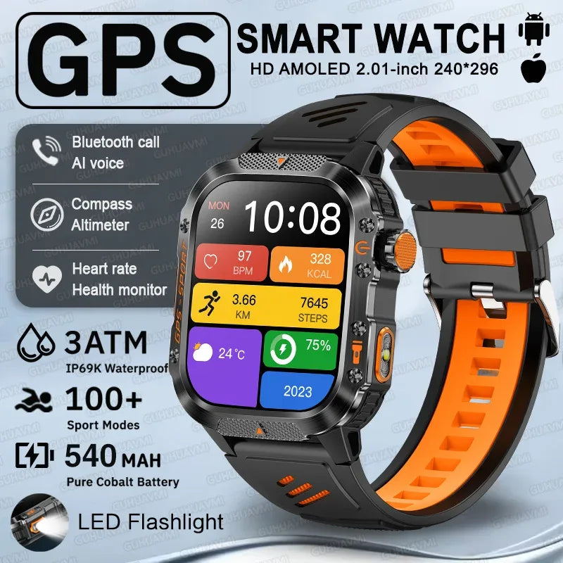 2025 New GPS Military Outdoor Sports Smart Watch Men 2.01-inch AMOLED 3ATM IP69K Waterproof Compass Call Swim Fitness Smartwatch - Wear444