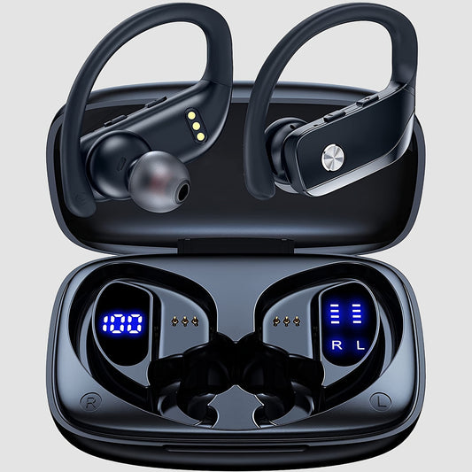 Long Lasting Wireless Earbuds - Immersive Stereo Surround Sound, Sweat-Resistant Sport Earphones with High-Visibility LED Display, Ergonomic Over-Ear Buds, Crystal-Clear Hands-Free Calls, Advanced Noise Cancelling - Perfect f