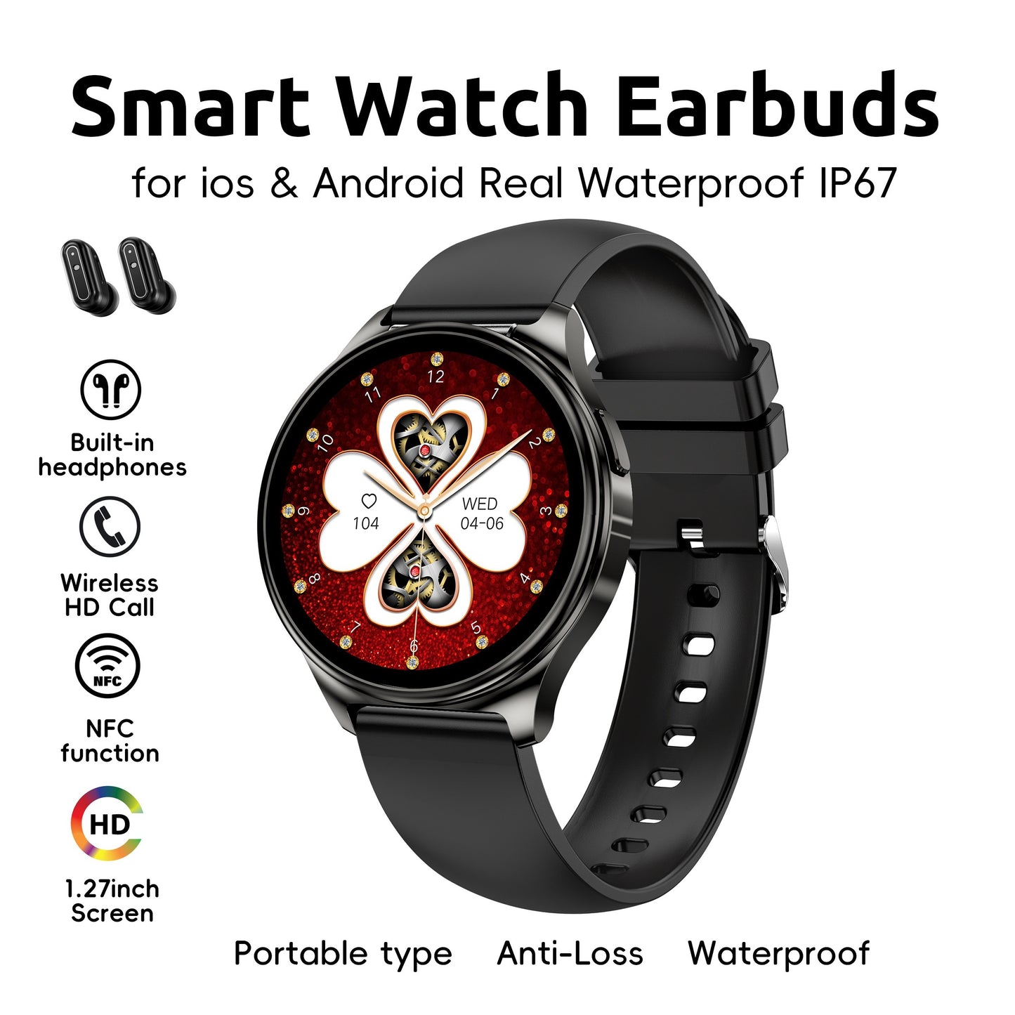 Newest Smart Watch With Earbuds (Wireless Call) For Women's Men's Best Gift, 1.27" HD Display, Multi Sports Modes, Sedentary Reminder, TWS Earphones Music, Weather Forecast, Sports Pedometer Watch For Android IOS