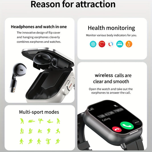 Two-in-One Wireless Earphone Watch - Smartwatch with Built-in Earphones, Multi-functional Sports Features, and Quick Call Answering - Convenient, Sweat-Resistant, and Stylish