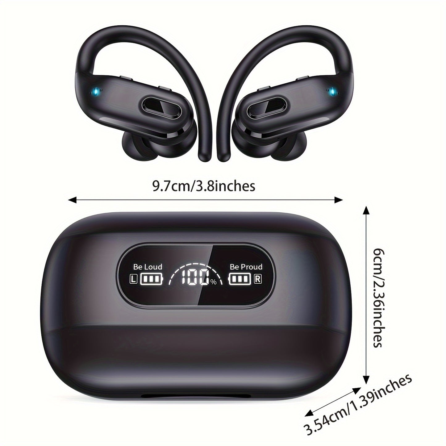 Wireless Headset V5.3 Earbuds 60 Hours Playback Ear Buds with Wireless Charging Case & Dual Power Display Over-Ear Stereo Bass Earphones with Earhooks for Sports/Workout/Running