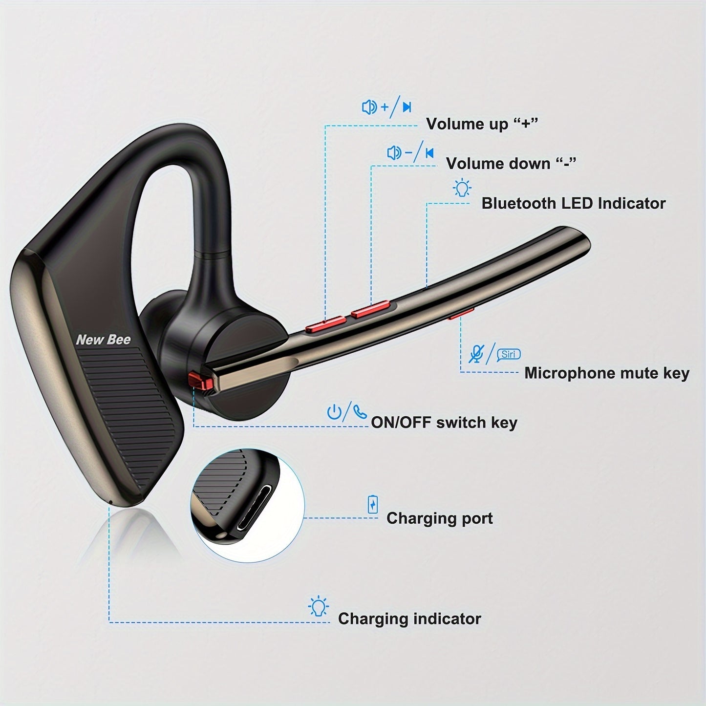ProSound Bee Wireless Earphones - 24 Hours Talk Time, 270° Rotatable, Dual Microphone, Noise Cancelling, Crystal-Clear Sound, Sweat-Resistant, Easy Pairing for Mobile Phone, Android, Driver, Business, Office
