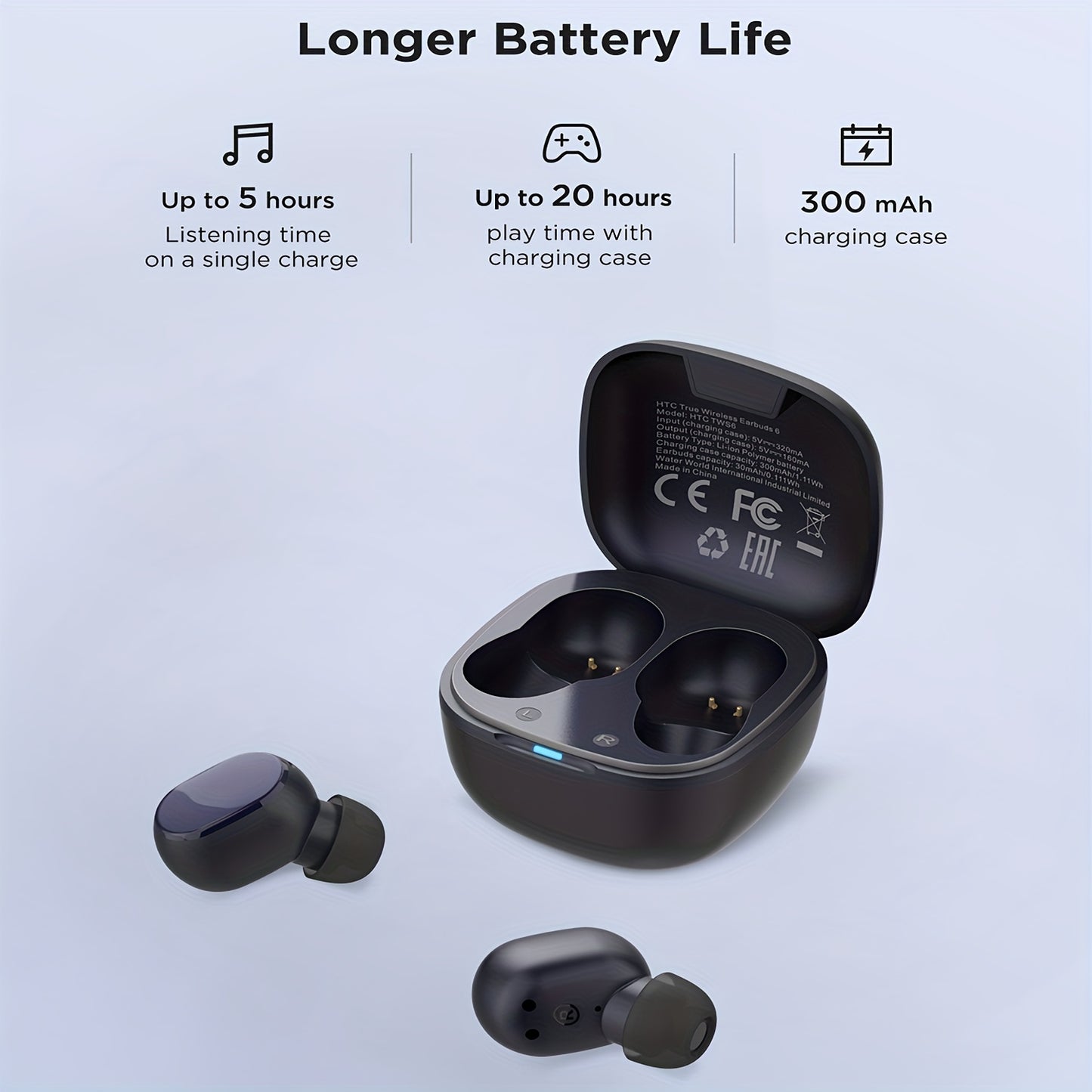 HTC True Wireless Earbuds 6 Stereo Earphones With Charging Case, In-Ear Headphone Built-in Microphone/Touch Control -for Calling, Office, Sports