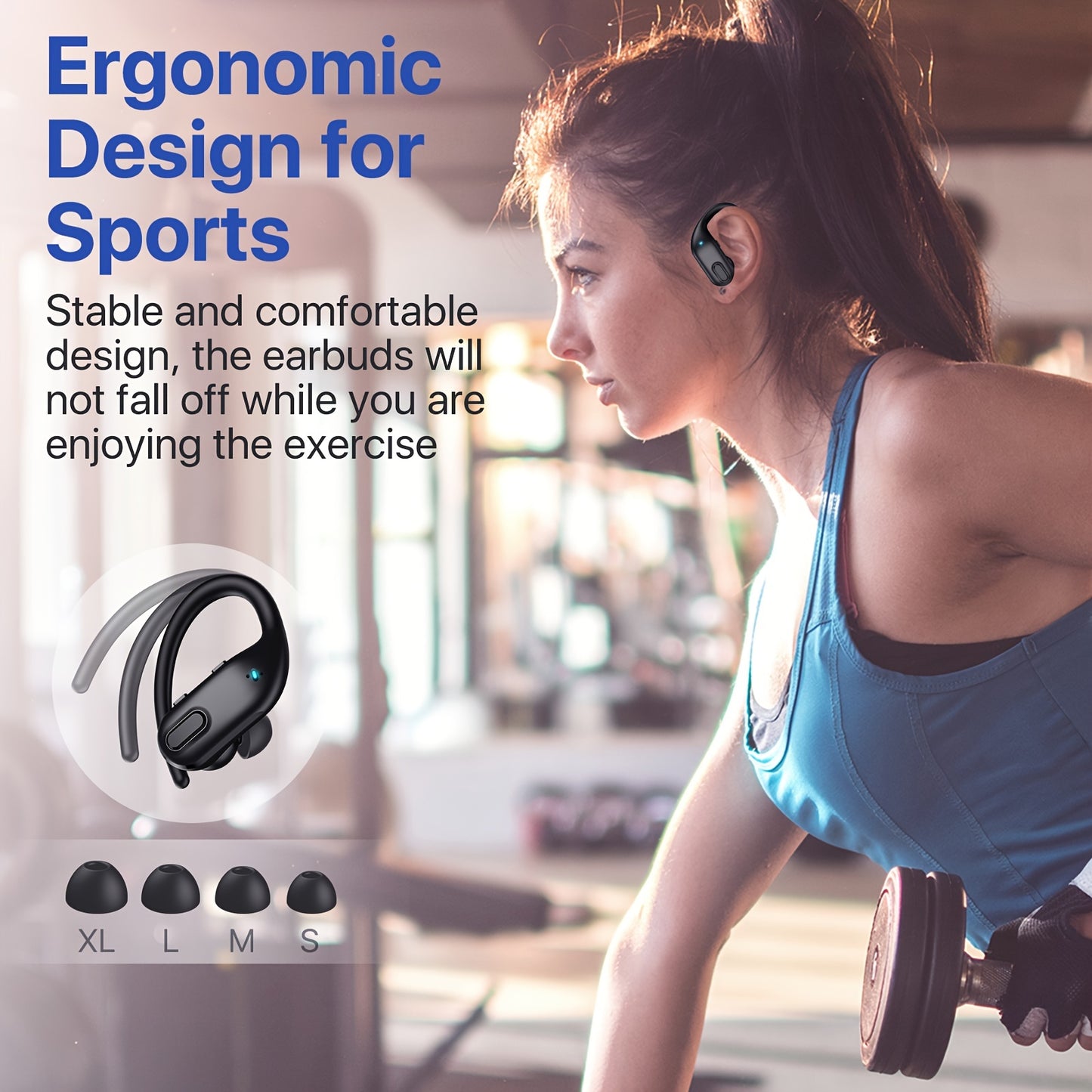 Wireless Headset V5.3 Earbuds 60 Hours Playback Ear Buds with Wireless Charging Case & Dual Power Display Over-Ear Stereo Bass Earphones with Earhooks for Sports/Workout/Running