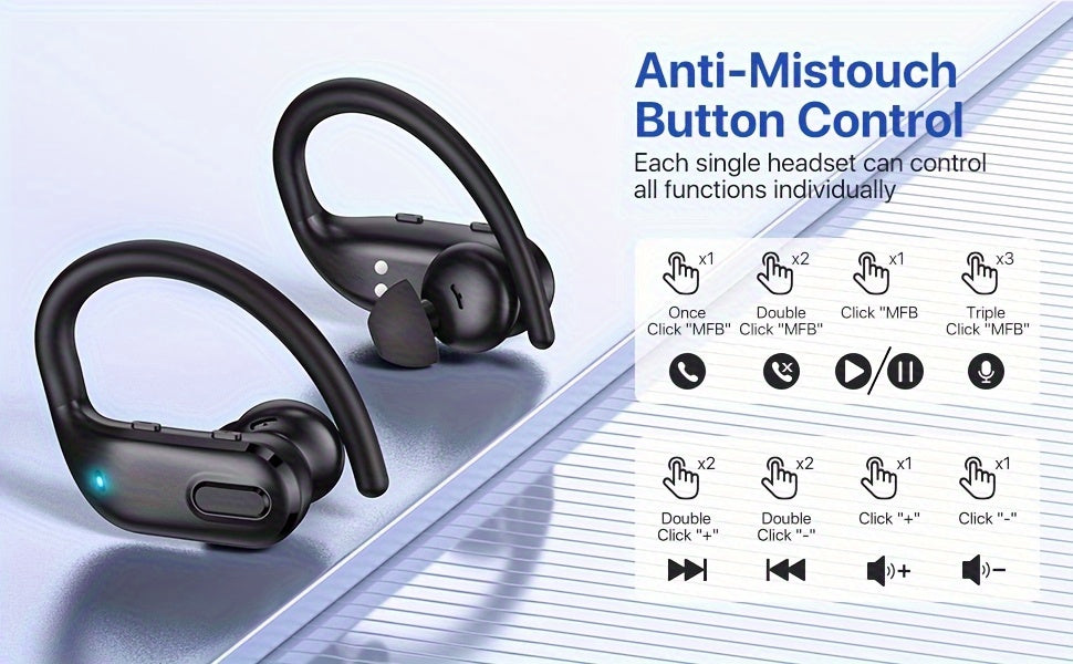 Wireless Headset V5.3 Earbuds 60 Hours Playback Ear Buds with Wireless Charging Case & Dual Power Display Over-Ear Stereo Bass Earphones with Earhooks for Sports/Workout/Running