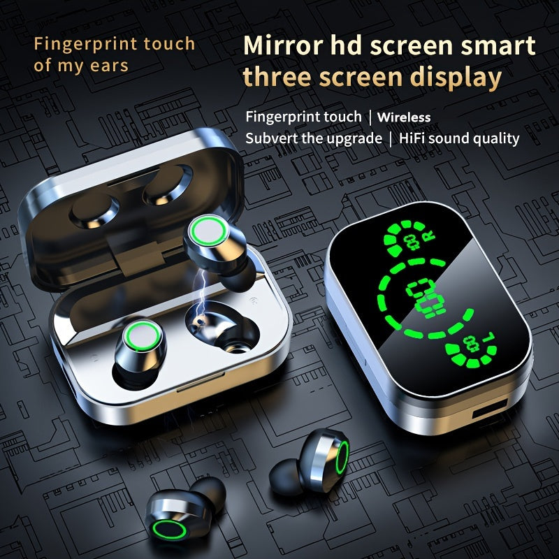 Wireless earphones with mirror digital display, hifi sound quality, high power, emergency charging function for in ear wireless earphones, high-definition voice touch operation, automatic connection to binaural call earphones