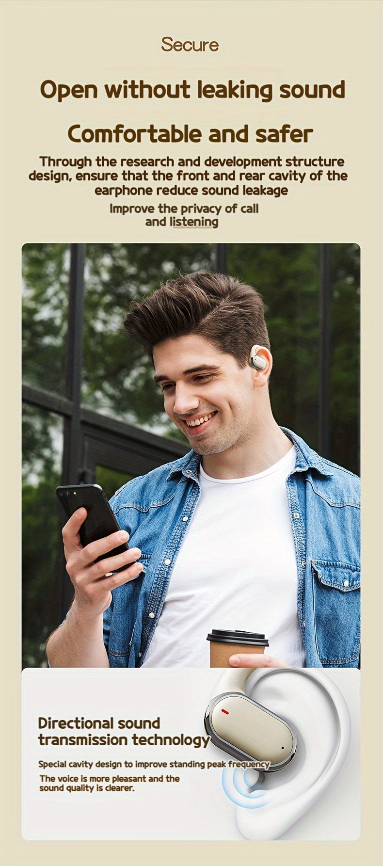 OWS Wireless TWS Audio Earphones With LED Power Display, Sports Ear Directional Sound Transmission, Earphones Supporting 90 Degree Adjustment, Non In Ear Sports Earphones, Game Music HIFI Surround Sound