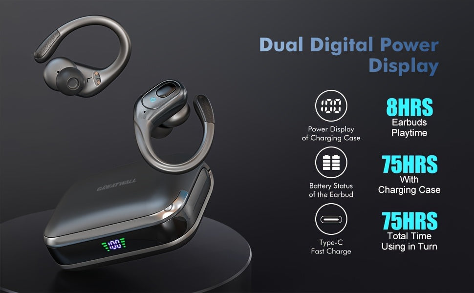 GREATWALL TWS Wireless Earphones Headset Wireless 5.3 Sports ear-hook Headset Stereo noise reduction Earbuds Battery Capacity Digital Display Low Latency And Low Power Consumption Built-in Microphone HD Call