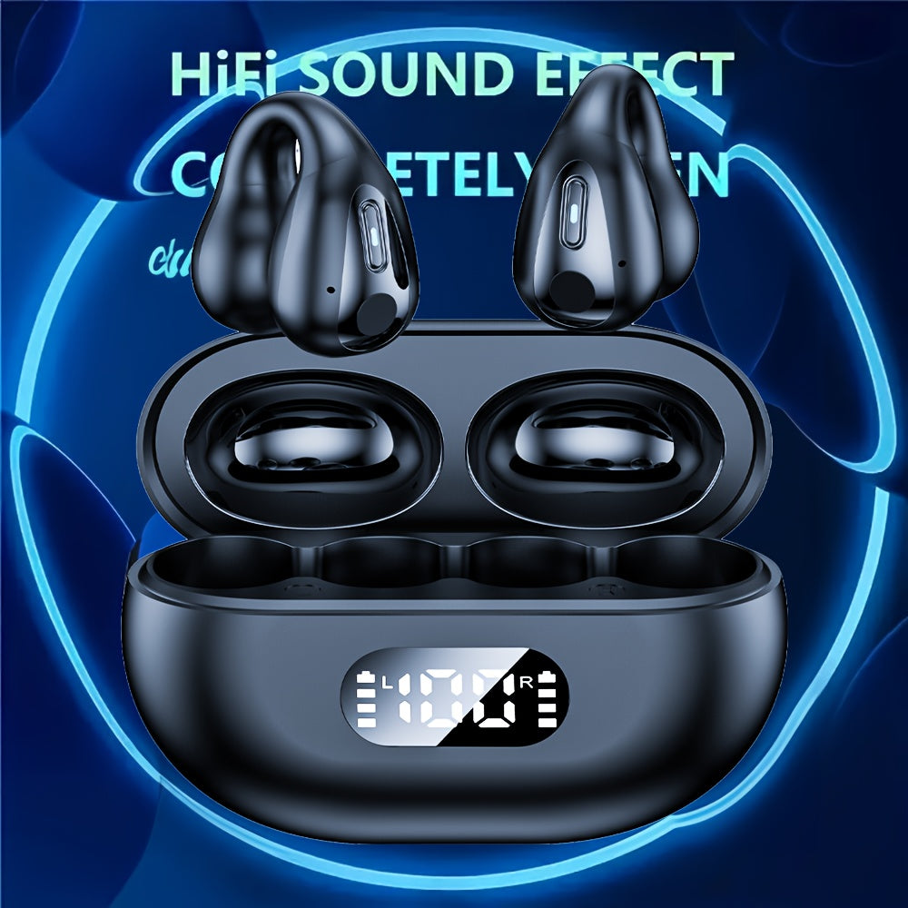 Open Ear Clip Wireless Earplugs Version 5.3 With Integrated Microphone, Sports Earphones Built-in Microphone With Ear Hook And Ear Hook With Digital Display Charging Case, Wireless Charging Box And Display Lightweight Bone Co