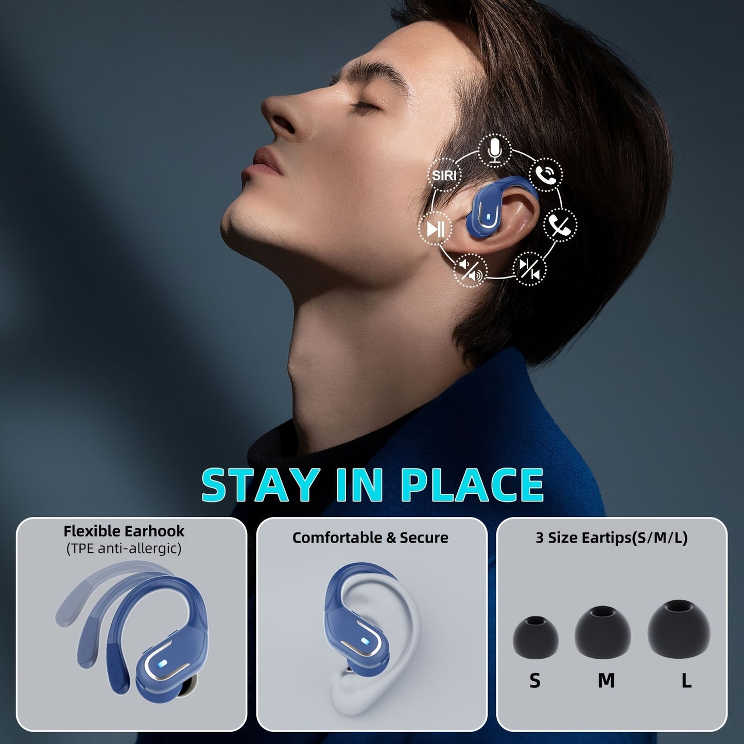 Wireless 5.3 Earphones - 3D Deep Bass Over Ear, ENC Noise Cancelling Mic, Sweatproof Sports Earbuds with Earhooks for Running, Exercise, and Fitness - Long Battery Life, Hands-Free Calls, and Crystal-Clear Sound