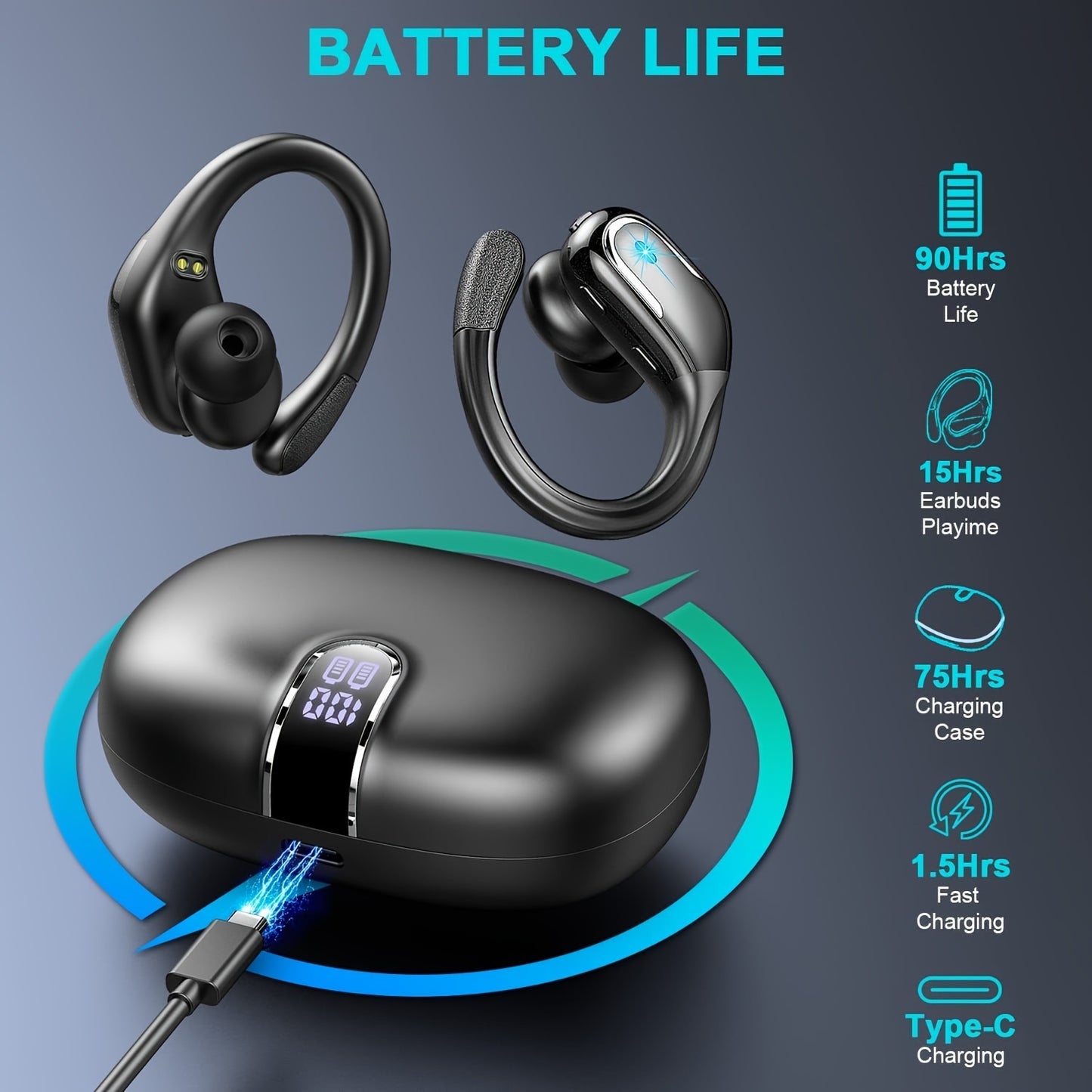LIFEBEE Wireless Earbuds for Sports, HiFi Stereo Sound, LED Display, Noise Cancelling, In-Ear Earphones with Earhooks, Built-in Condenser Mic, Rechargeable Lithium Polymer Battery, Wireless Connectivity for Exercise, Compatib