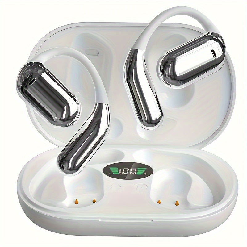 Open ear BT5.4 earphones, wireless earphones with built-in microphone and ear hook, 50H playback time, earplugs with LED display charging case, suitable for running, fitness, cycling, exercise, and sports earphones