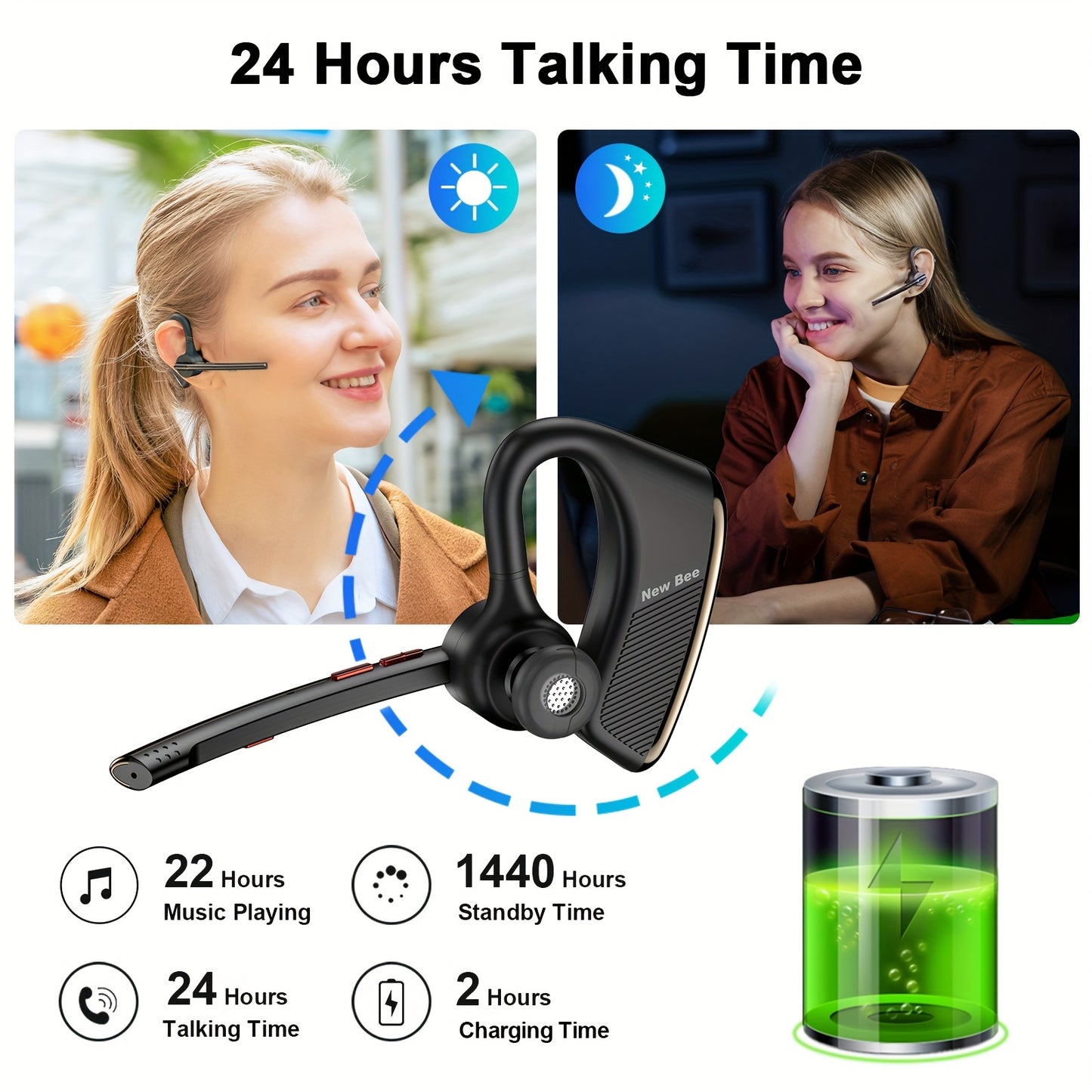 ProSound Bee Wireless Earphones - 24 Hours Talk Time, 270° Rotatable, Dual Microphone, Noise Cancelling, Crystal-Clear Sound, Sweat-Resistant, Easy Pairing for Mobile Phone, Android, Driver, Business, Office