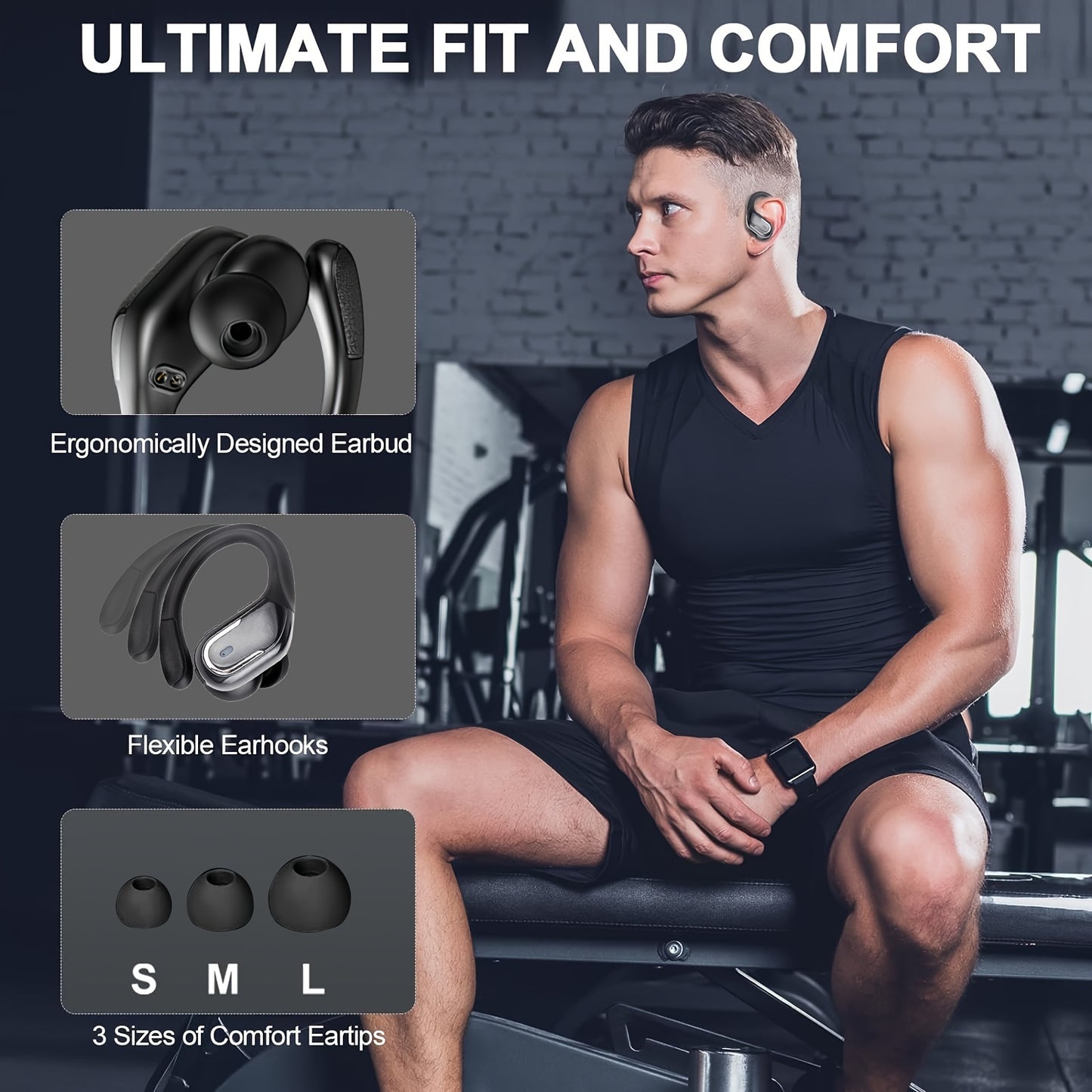 LIFEBEE Wireless Earbuds for Sports, HiFi Stereo Sound, LED Display, Noise Cancelling, In-Ear Earphones with Earhooks, Built-in Condenser Mic, Rechargeable Lithium Polymer Battery, Wireless Connectivity for Exercise, Compatib