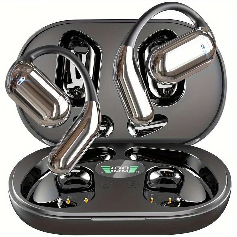 Open ear BT5.4 earphones, wireless earphones with built-in microphone and ear hook, 50H playback time, earplugs with LED display charging case, suitable for running, fitness, cycling, exercise, and sports earphones