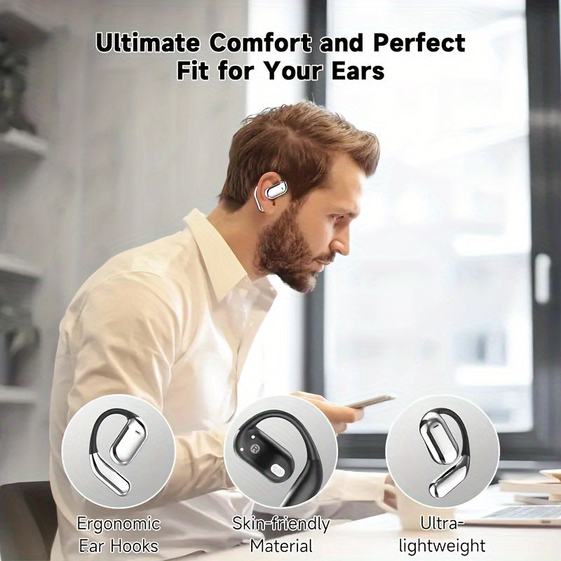 Open ear BT5.4 earphones, wireless earphones with built-in microphone and ear hook, 50H playback time, earplugs with LED display charging case, suitable for running, fitness, cycling, exercise, and sports earphones