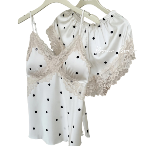 Pajamas Women's Summer Thin Ice Silk Sling Shorts suit Sweet Style Dot Lace Nightgown Home Clothes