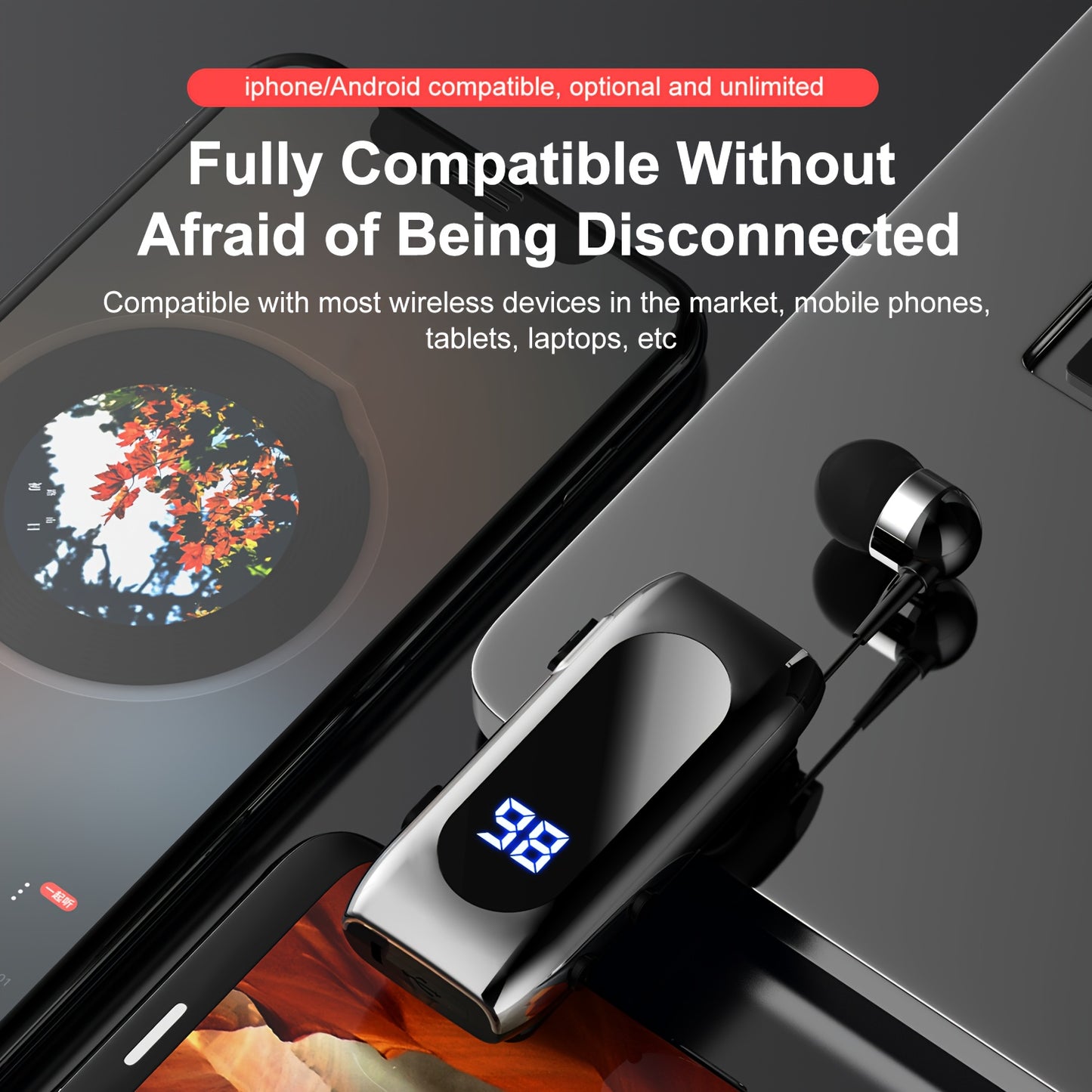 Collar Style Retractable Cable Wireless Wireless Earphones, Sports Single Ear Earphones, Business Earphones, Can Connect Two Wireless Devices At The Same Time, LED Battery Display, Compatible With Mobile Phones, Tablets, Lapt