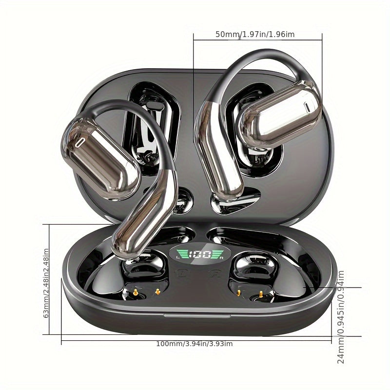 Open ear BT5.4 earphones, wireless earphones with built-in microphone and ear hook, 50H playback time, earplugs with LED display charging case, suitable for running, fitness, cycling, exercise, and sports earphones
