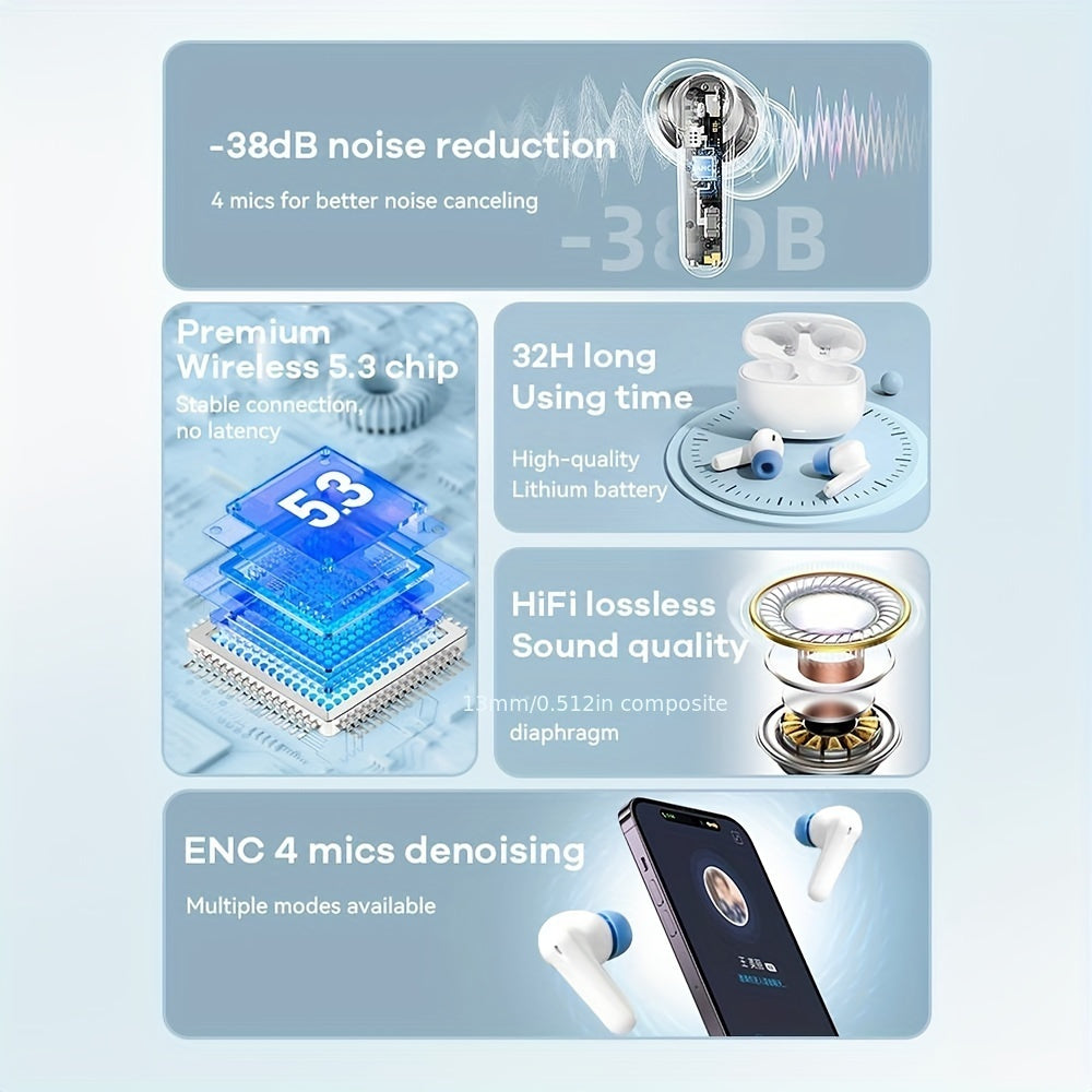 Wireless Earbuds Active Noise Cancelling Earphones, Wireless 5.2 With Microphone Charging Case, 30 Hours Playback Time, In Ear High Fidelity Stereo Earphones Suitable For IPhone Airpod Pro/Android