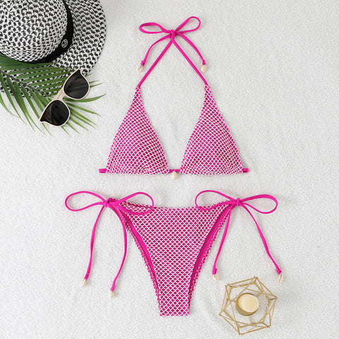 Cross-border 2025 foreign trade split bikini three-point hanging neck lace-up swimsuit fashion backless small chest gathered swimsuit