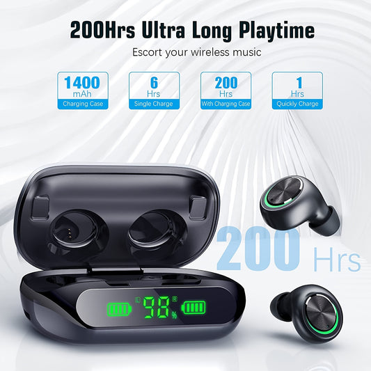 Wireless Earbuds V5.3 Headphones, with Charging Case 200 Hrs Playtime IPX7in Ear Light-Weight Earphones for Phones and Laptops