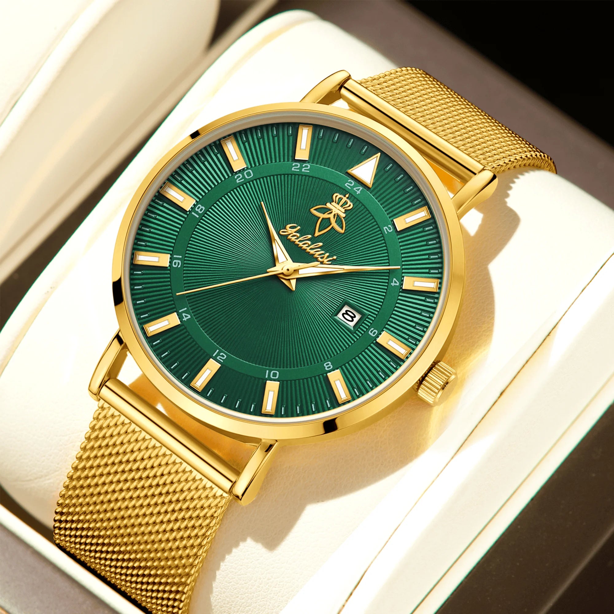 YaLaLuSi brand casual men's quartz watch green disk gold mesh belt business fashion quartz watch simple atmosphere trend watch