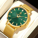 YaLaLuSi brand casual men's quartz watch green disk gold mesh belt business fashion quartz watch simple atmosphere trend watch