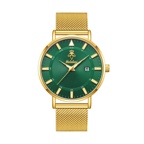 YaLaLuSi brand casual men's quartz watch green disk gold mesh belt business fashion quartz watch simple atmosphere trend watch
