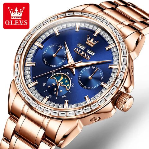OLEVS 6695 Mechanical Automatic Movt Watches High Quality Stainless Steel Strap Auto Week 24 Hours Moon Phase Display SmartWatch