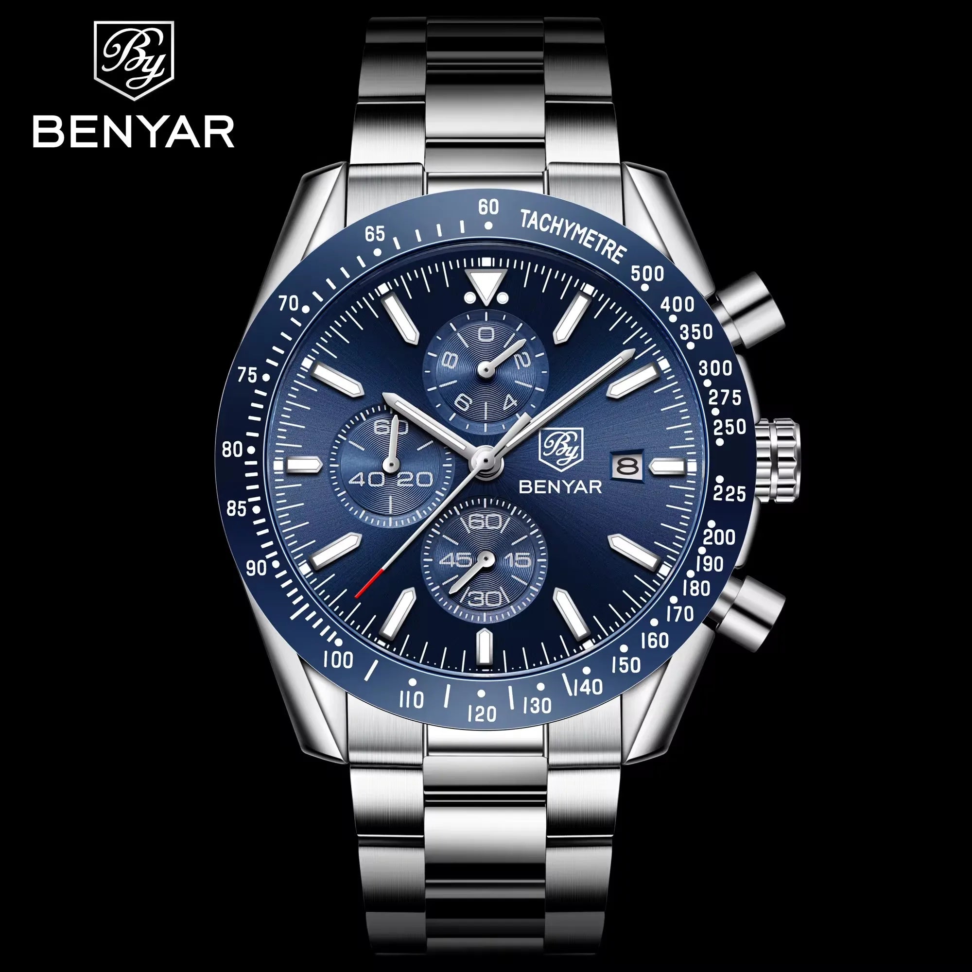 BENYAR Men Watch Top Brand Stainless Steel Band Luxury Business Sport Chronograph Quartz Wristwatch Men Clock