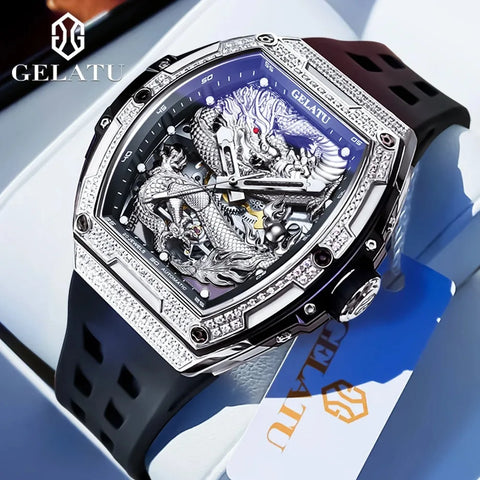 GELATU 6021 Hollow Men Watch Silicone Strap Fashion Waterproof High End Diamond Dragon Dial Brand Automatic Mechanical Watches