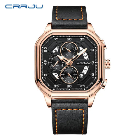 CRRJU 2314 New Stainless Steel Rose Black Men Watch Multi-function Chronograph Quartz Watches Mens Waterproof Luminous Clock