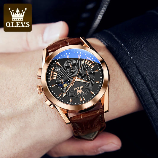 OLEVS 2876 Chronograph Watches Genuine Leather Stainless Steel Wrist Watch Men Watch Luxury