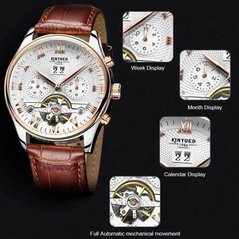 KINYUED J012 Montre De Luxe Homme Fashion Business Men Watch Leather Strap Sport Wristwatch Automatic Mechanical Watch for Male