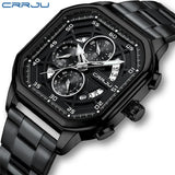 CRRJU 2314 New Stainless Steel Rose Black Men Watch Multi-function Chronograph Quartz Watches Mens Waterproof Luminous Clock