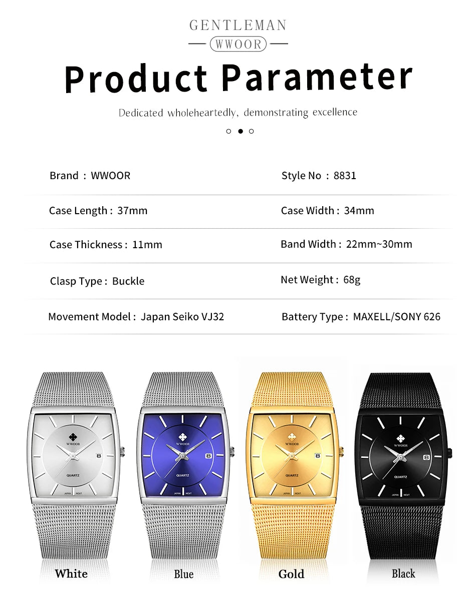 WWOOR Luxury Rectangle Watch - Ultra-Thin Stainless Steel Sport Timepiece