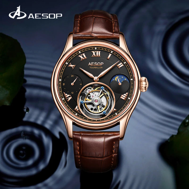 Aesop Gold Tourbillon Automatic Mechanical Wristwatches Men Leather Watch With Roman Number Men Watch Luxury Tourbillon