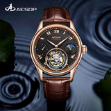 Aesop Gold Tourbillon Automatic Mechanical Wristwatches Men Leather Watch With Roman Number Men Watch Luxury Tourbillon