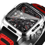 FORSINING Fashion Square Skeleton Mechanical Men Watch Automatic Movement Clock Sport Black Rubber Band Luxury Watches Silver