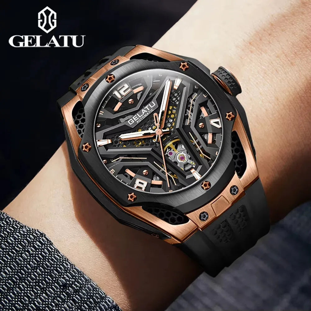 GELATU 6007 Men Watch Tourbillon Fully Automatic Mechanical Watch Luxury Band Fashion Sports Waterproof Man Watch Reloj Hombres