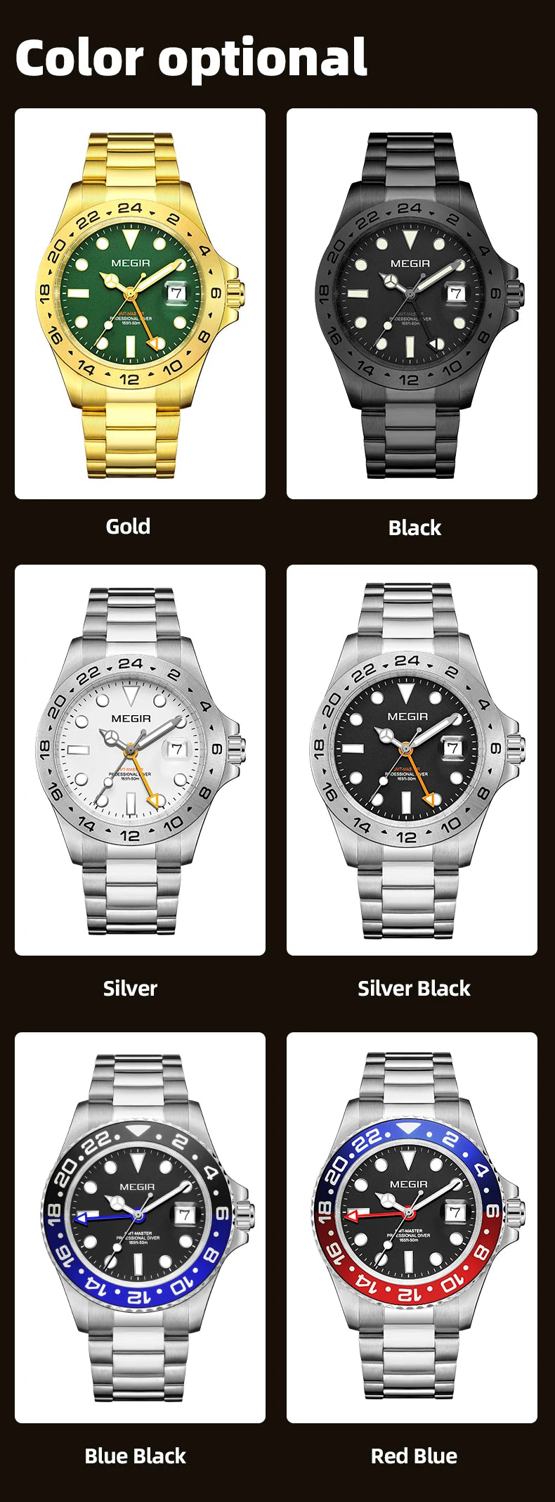 Men Watch Private Label Gold Quart Luxury Man Wrist Watch Quartz Movement Sapphire Glass Reloj Megir Stainless Steel Watch Men 8