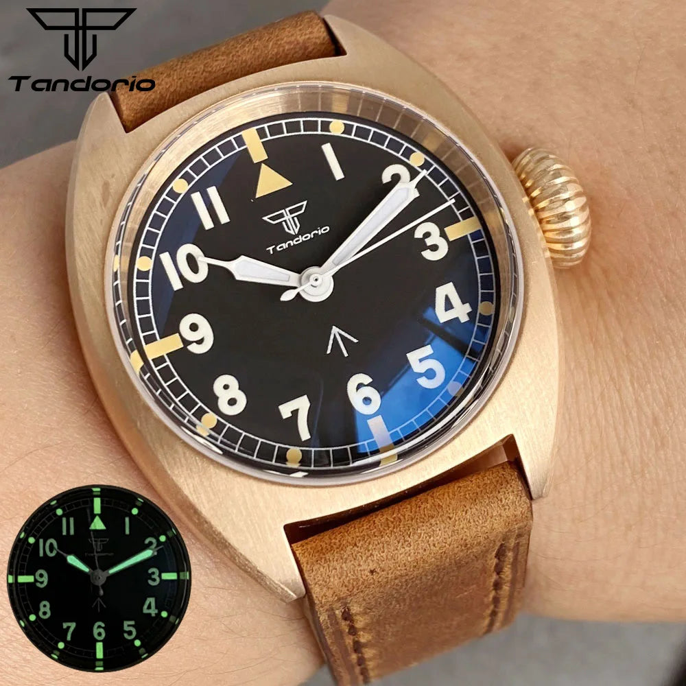 Tandorio 36mm Pilot Bronze Real Cusn8 Case NH35 PT5000 Automatic Mechanical Men Watch 20atm Dive Domed AR Sapphire Glass Leather
